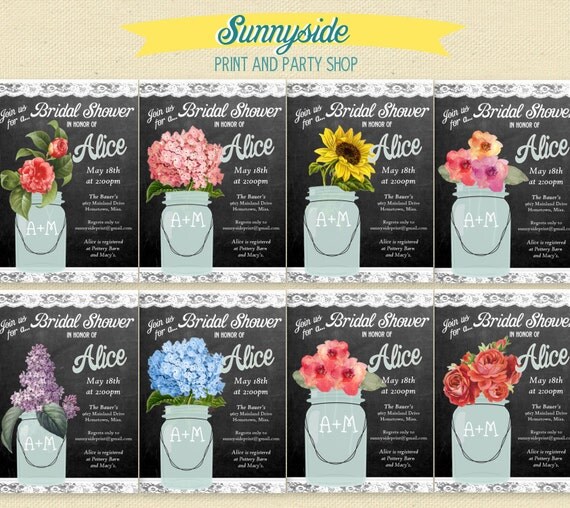 Chalkboard & Lace - Floral Mason Jar - Bridal Shower Invitation - 15 flower choices - Printable Invite Il_570xn