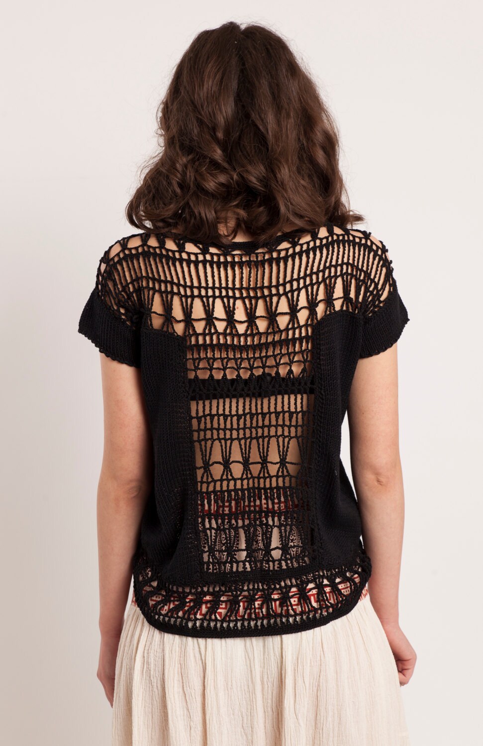 Hand-knitted black blouse Open knit cotton top Bohemian