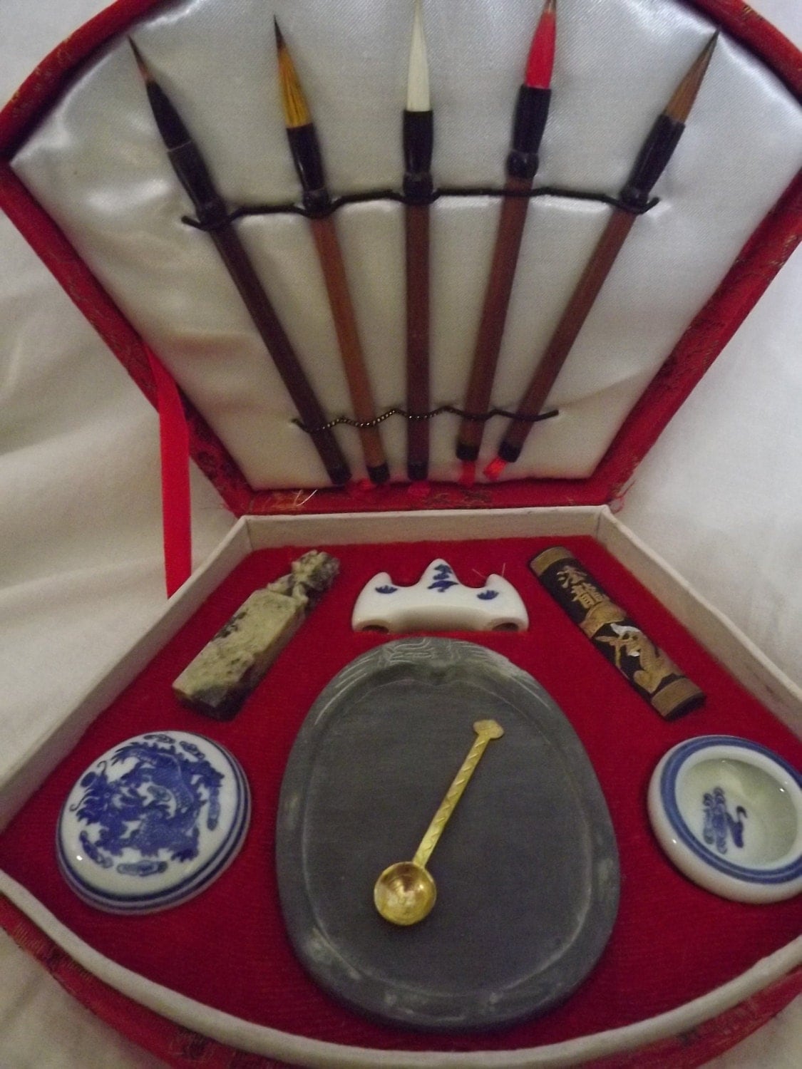 Vintage Chinese Calligraphy Set Red 1960s Bamboo Embroidered