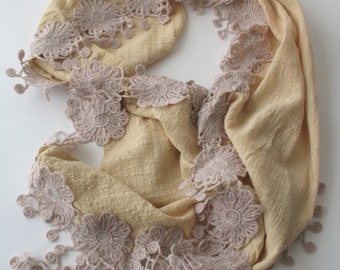 Beige Cotton Fabric Scarf - Lace Scarf - Soft Scarf - Cowl Scarf - Shawl Scarf - 284