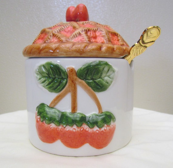 Ceramic Jam Jar with Spoon Kitchen Fruit Decor by KozyKitchy