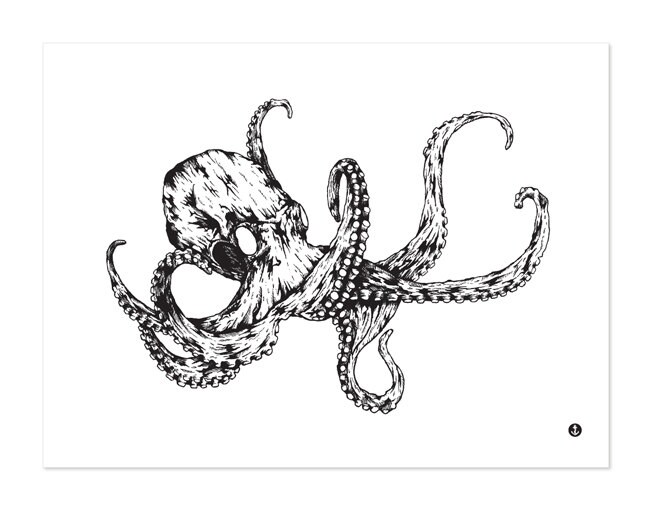 Octopus Pen and Ink Illustration Black and White Nautical