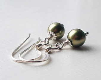 Petite Sage Green Swarovski Crystal Pearl Earrings by Quintessential Arts