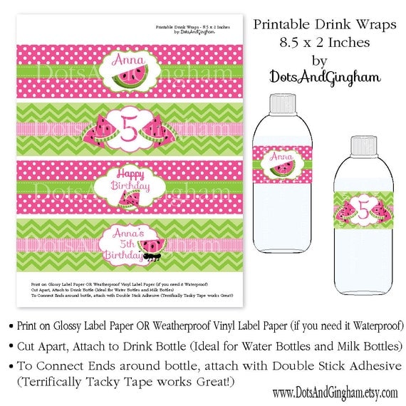 Watermelon Water Bottle Labels-Watermelon Drink by DotsAndGingham