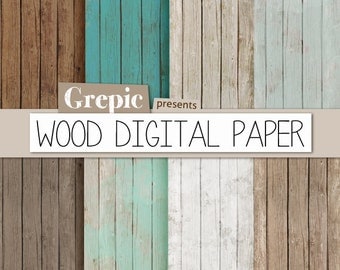 Wood digital paper: "WOOD DIGITAL PAPER" with rustic wood texture and distressed wood grain in teal, brown, grey, digital wood background