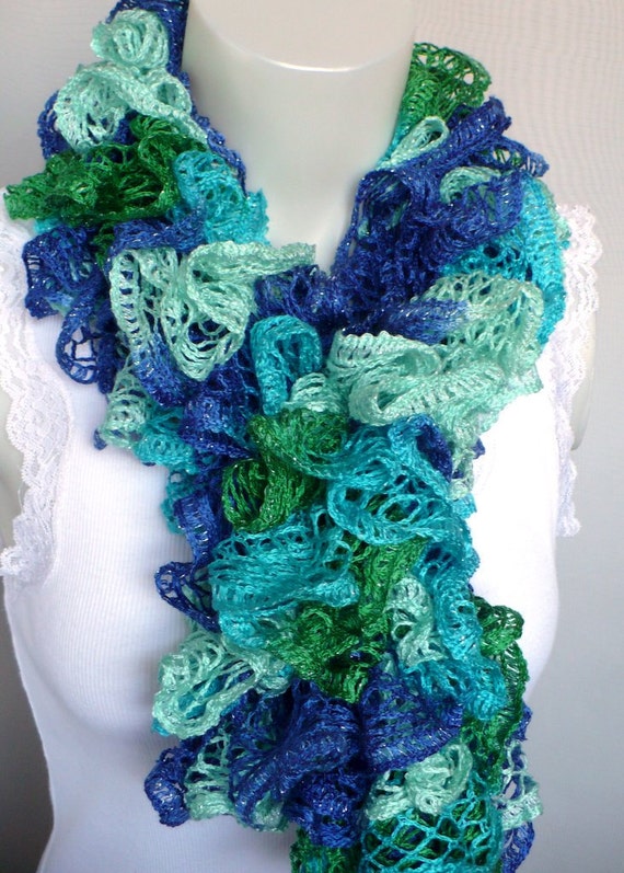 Blue and Green Ruffle Scarf Sashay Scarf in Aqua Green and