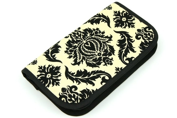 Travel Zip around knitting needle case organizer - damask cavern - black pockets see-thru notions zipper pouch