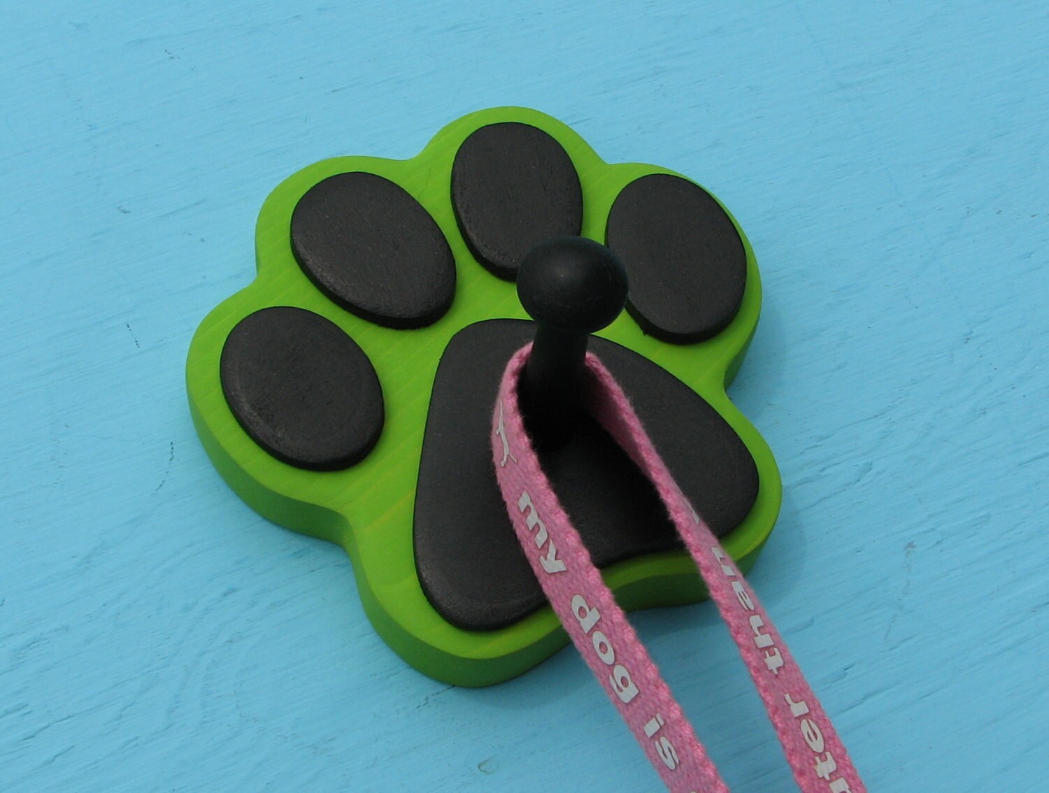 Leash Holder LIME GREEN Dog Wood Paw Print Peg Hook