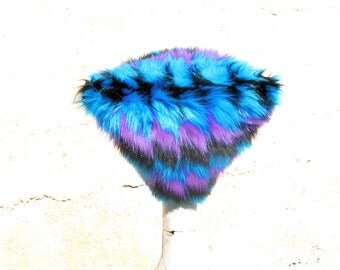 Blue Parallelogram Kozy Kitty Hat - Turquoise Purple Black Geometric fuzzy Faux Fur hat Raver hat Women Men S M L XL Burning Man Blacklight