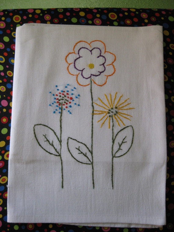 Tea Towel Hand Embroidered with Pretty Flowers to by CraftieLadie