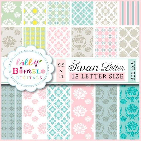Letter Size 8.5x11 Digital papers for scrapbooking, cards, invites, SWAN baby blue and pink, mint Il_570xn