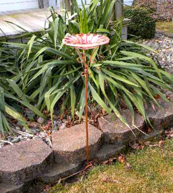 Elegant Bird Feeder in Fused Glass and Copper Garden Stake Art