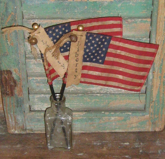 Primitive American Flag with stamped Liberty banner rusty bell and ...