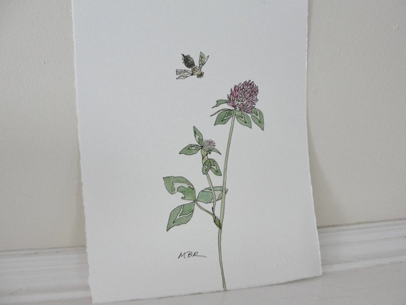 Items similar to Red Clover Honey Bee Watercolor Ink Nature Art ...