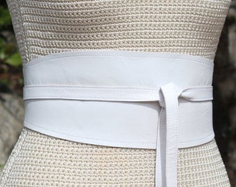 REVERSIBLE White Leather Obi Wrap Sash Style Cinch Belt - bespoke printed cincher - XS S M L XL Plus & Petite Size - bridal - custom made