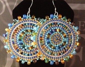 Seed Bead Earrings Beaded Disc Earrings - Big Bold Seaside Sea Glass Multicolored Disc Earrings