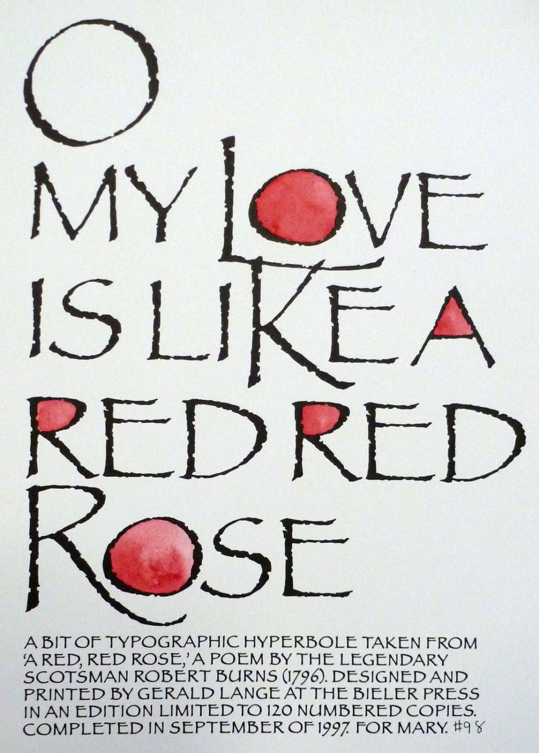O My Love Is Like A Red Red Rose by Robert Burns Letterpress