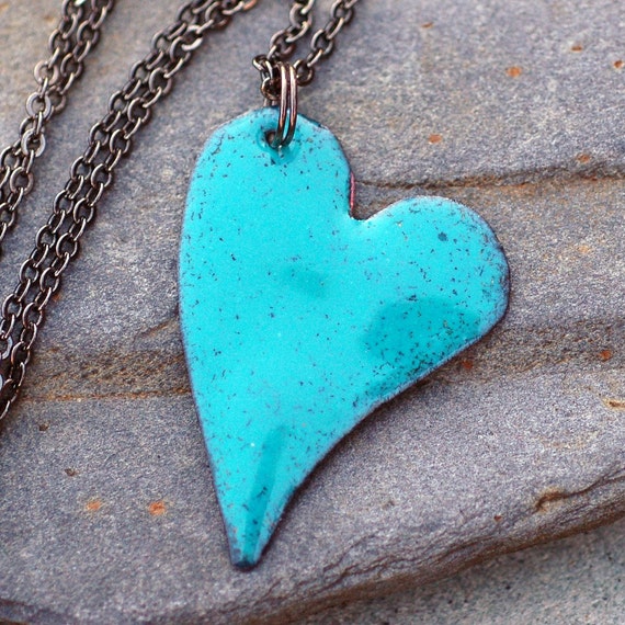 Enamel Heart Pendant Necklace Copper Turquoise Green by Venbead