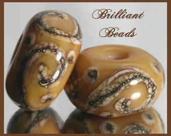 Caramel and Silvered Ivory Handmade Lampwork Glass Bead Pair SRA, Made To Order