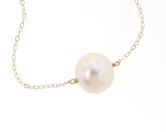 Single Pearl Necklace, Pearl Solitaire 14K Gold, 10mm Solitaire Pearl in 14K Yellow Gold, Gold Filled, or Sterling Silver