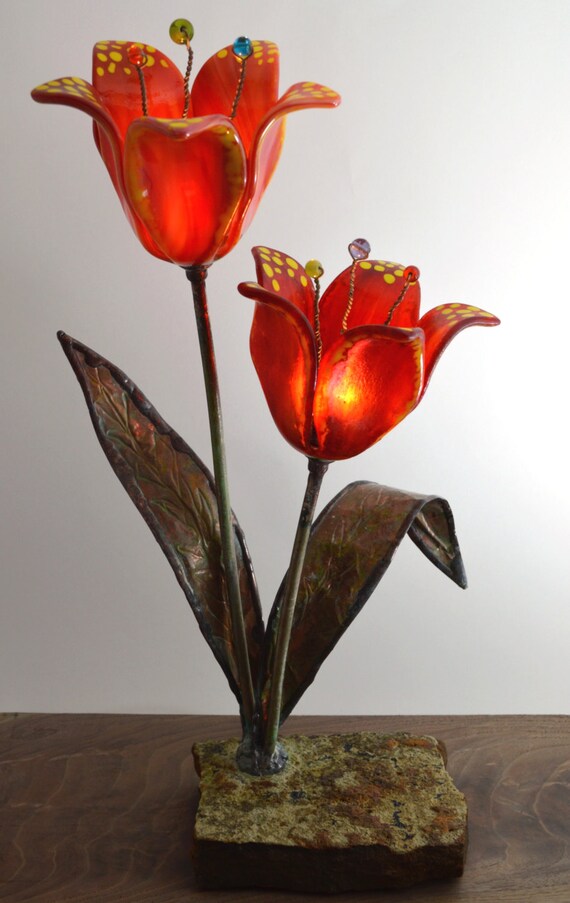 Glass Flower Lamp / Fused Glass Table Lamp / Stained Glass