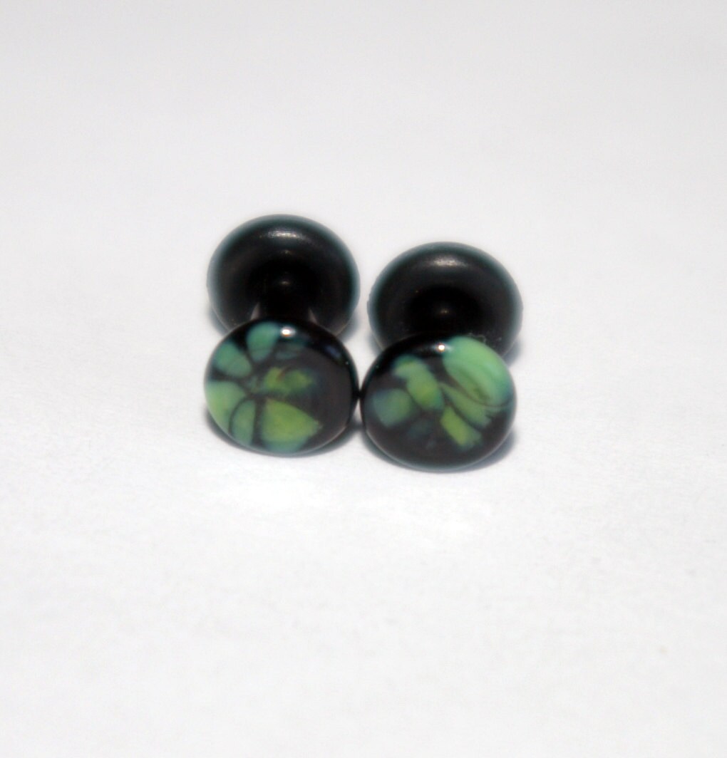 10g BLACK and GREEN Pattern Glass Plugs Body Jewelry 10 Gauge
