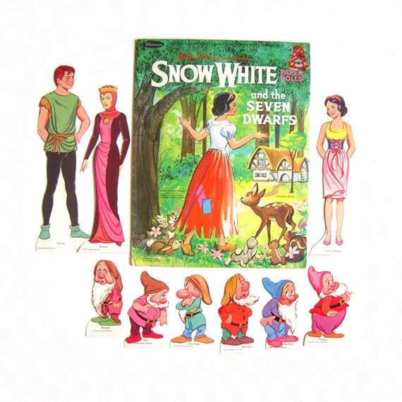 Vintage Snow White Paper Doll Whitman 1970s w Dwarfs Prince