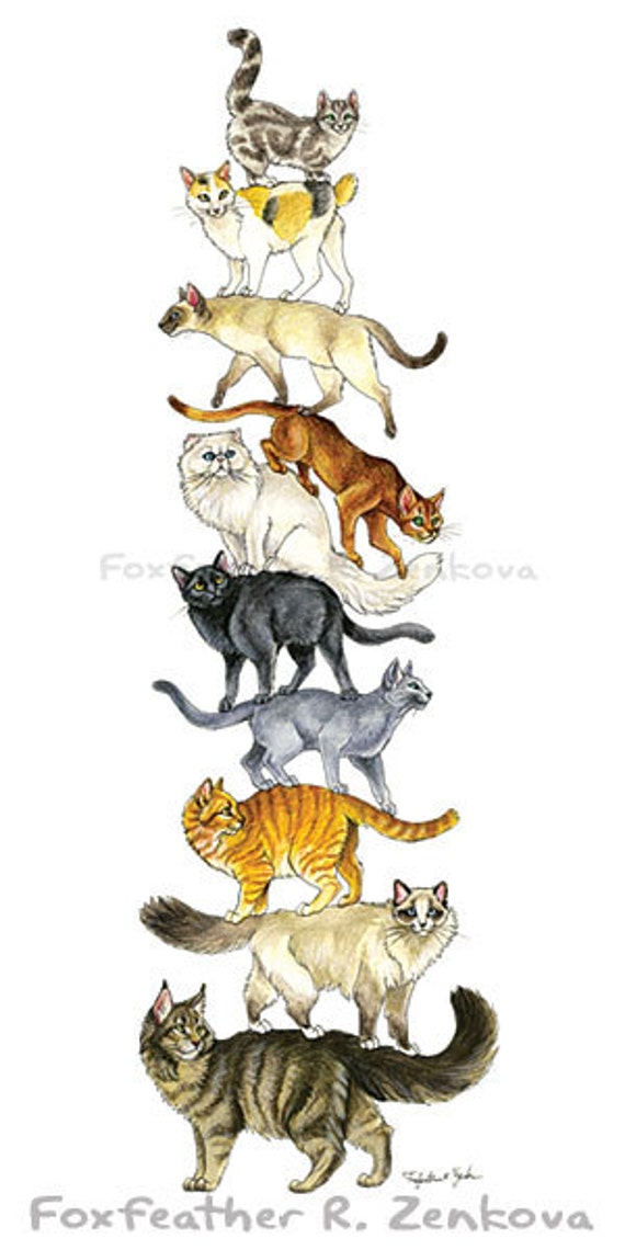 Cat Stack Painting Print Wall Art Animal Stack Housecats