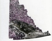 Yukon, Raven and Fireweed Linocut - Lino Block Print Maps of Canadian Provinces, Territories & Symbols, Yukon, Raven, Fireweed, Map Art