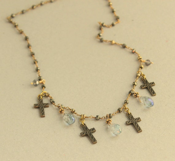 Pyrite Chain Necklace, Multi Cross Necklace, Wire Wrapped Necklace, Bohemian Chic Jewelry, Mystic Topaz Crystal, Delicate