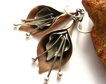 Calla Lily Earrings, Mixed Metal Earrings, Flower Jewelry, Sterling Silver And Copper Earrings, Artisan Metalsmith Jewelry, Copper Jewelry