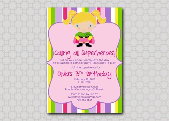 Super Hero Super Girl Supergirl Birthday Party Invitation - printable party - Digital Il_570xn
