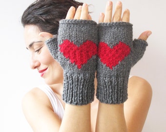 Christmas Gift Fingerless Gloves - Dark Gray - Red