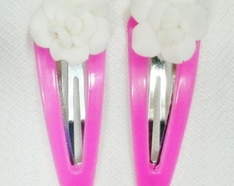 Plasic Coated Silvertone Hair Snap Clip With Plumera Flower. You Choose
