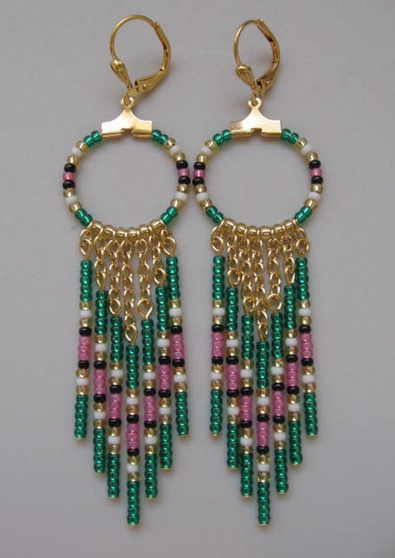 Items similar to SALE! Seed Bead Hoop Chain Earrings Green/Pink on Etsy