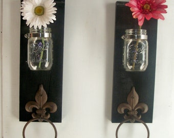 Two Wood Sconces for Kitchen or Bathroom Wall.Fleur de Lis Towel Rings Industrial Satin Black
