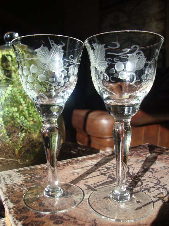 Set of Five Grape Etched Crystal Cordial Glasses by tycaalak