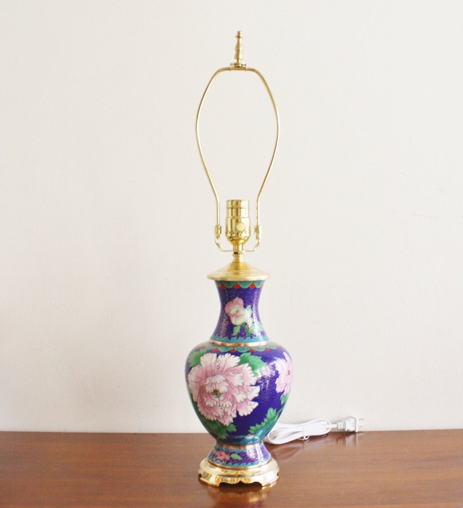 Vintage cloisonne table lamp painted enamel on brass