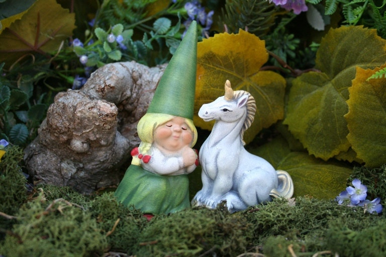 Woman Gnome & Her White Unicorn Fairy Garden Art by PhenomeGNOME
