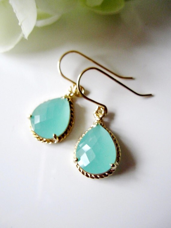 Mint Green Earrings Opaque Aqua Earrings Dangle Drops Gold