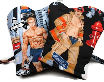 Handmade Oven Mitts Hot Fireman set of 2