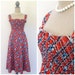 70s Sofinyl Red White & Blue Floral Plaid Smocked Sun Dress, Size L to XL