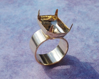 14k Gold Plated Adjustable Ring 10mm Plain Band with 18x13mm Octagon Setting For Jewels or Cabs (1 piece)