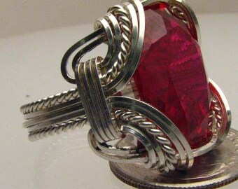 Handmade Solid Sterling Silver Wire Wrap Man Made Ruby Ring