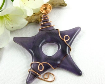 Purple Glass Star Suncatcher wrapped with copper wire - Fused Glass Star Sun Catcher - Window Ornament - Star Christmas Ornament