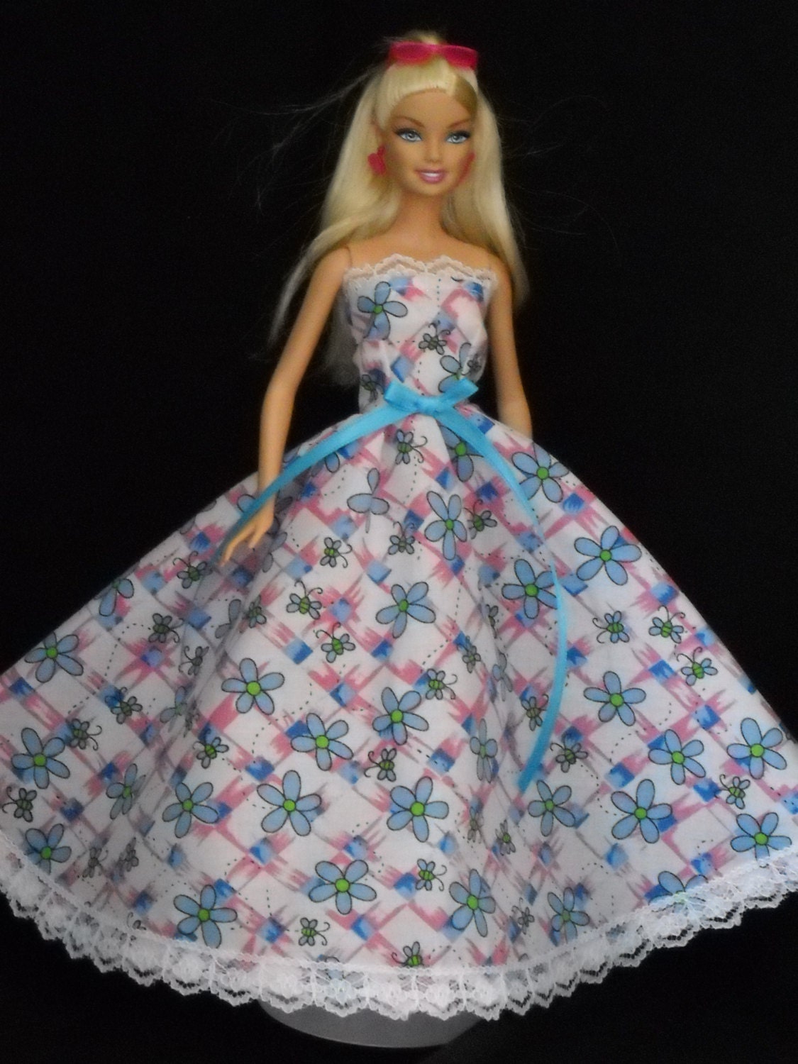 White and Pink with Blue Flowers and Lace Gown Barbie Doll