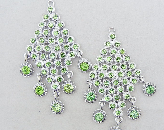 Pair of Diamond Shape Light Green Peridot Drop Charms Silver-tone