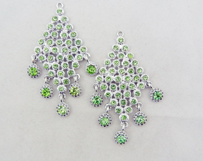 Pair of Diamond Shape Light Green Peridot Drop Charms Silver-tone