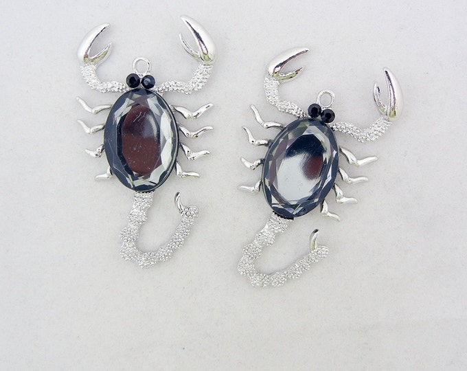 2 Large Textured Silver-tone Scorpion Pendants Faceted Acrylic Cabochon- Choose Your Color