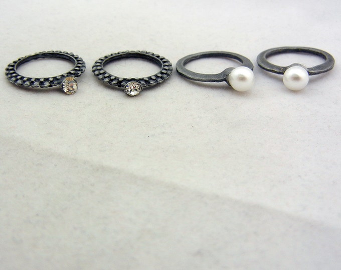 Set of 4 Ring Charms Hematite Rhinestone and Faux Pearl